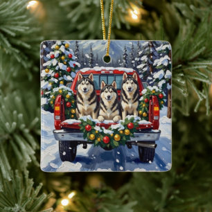 Alaskan Malamute Weihnachten Rotes Lastwagen Ferie Keramikornament