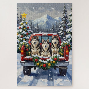 Alaskan Malamute Weihnachten Rotes Lastwagen Ferie Puzzle