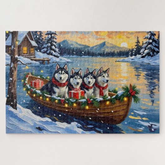 Alaskan Malamute Weihnachtsboot Urlaub Puzzle (Horizontal)