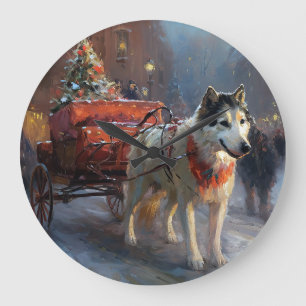 Alaskan Malamute Weihnachtsfest Saison Große Wanduhr
