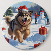 Alaskan Malamute Weihnachtsfest Schneeszene Button (Vorderseite)