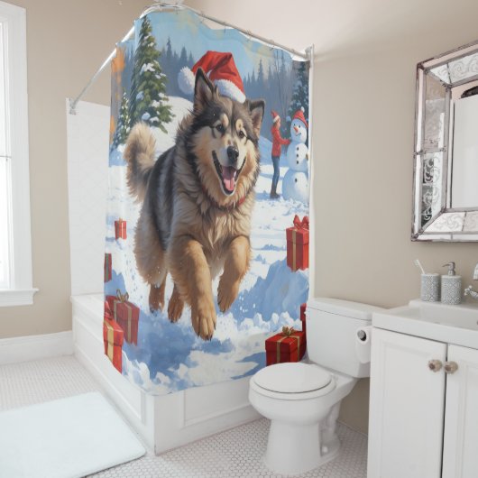 Alaskan Malamute Weihnachtsfest Schneeszene Duschvorhang (Beispiel)