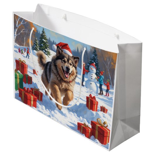 Alaskan Malamute Weihnachtsfest Schneeszene Große Geschenktüte (Rückseite Schrägansicht)