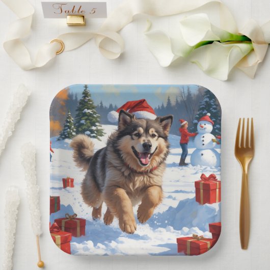 Alaskan Malamute Weihnachtsfest Schneeszene Pappteller (Hochzeit)