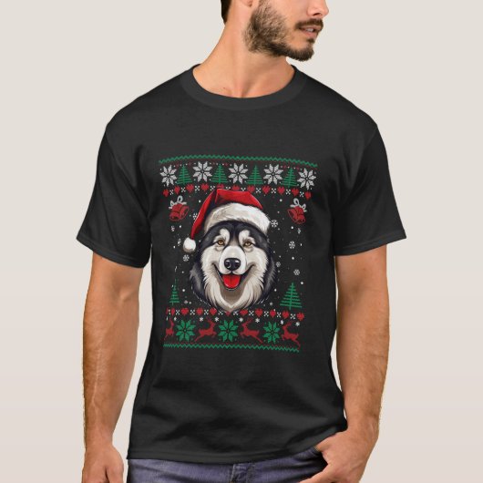Alaskan Malamute Weihnachtsmann Ugly Sweater Dog T-Shirt (Vorderseite)