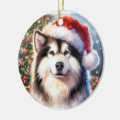 Alaskan Malamute Weihnachtsmannmütze Wasserfarben Keramik Ornament (Links)
