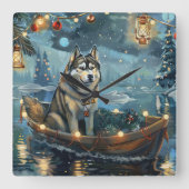 Alaskan Malamute Weihnachtsreise Quadratische Wanduhr (Vorderseite)