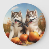 Alaskan Malamute Welpe Herbst Delight Pumpkin Große Wanduhr (Vorderseite)
