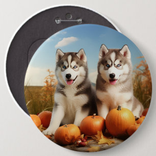 Alaskan Malamute Welpe Herbstvergnügen Kürbis Button