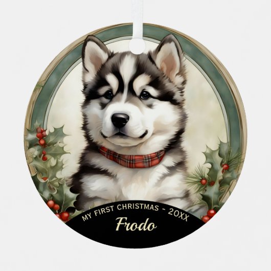 Alaskan Malamute Welppy's First Christmas Ornament Aus Metall (Vorderseite)
