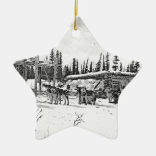 Alaskanische Schlittenhunde vor einer Blockhütte Keramik Ornament