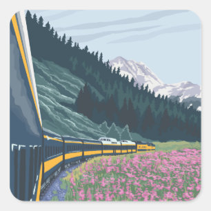 AlaskaRailroad und Fireweed-Vintage Reise Quadratischer Aufkleber