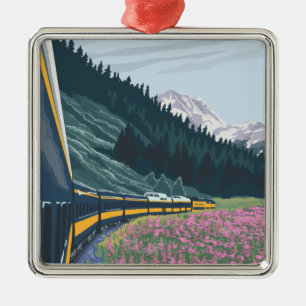 AlaskaRailroad und Fireweed-Vintage Reise Silbernes Ornament