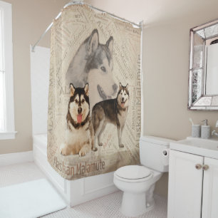Alaskischer Malamute-Collage auf Wort-Muster Duschvorhang