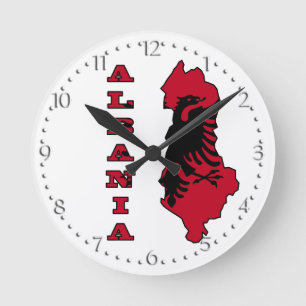 Albanian Flag in Outline Map of Albania Runde Wanduhr