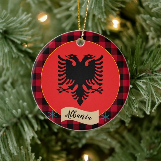 Albanien, Roter Büffel, kariert und albanische Fla Keramik Ornament (Baum)