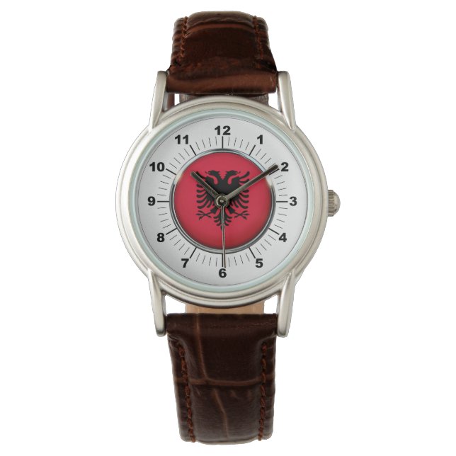 Albanienflagge Klassischer Brauner Leather Watch Armbanduhr (Vorderseite)
