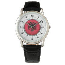 Albaniens Fla Crown Black Leather Strap Watch