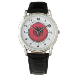 Albaniens Fla Crown Black Leather Strap Watch Armbanduhr