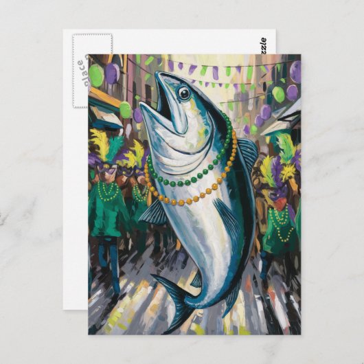 Albern Funny Happy Mardi Gras Fish Postkarte (Vorne/Hinten)