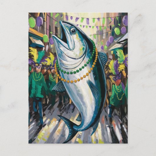 Albern Funny Happy Mardi Gras Fish Postkarte (Vorderseite)