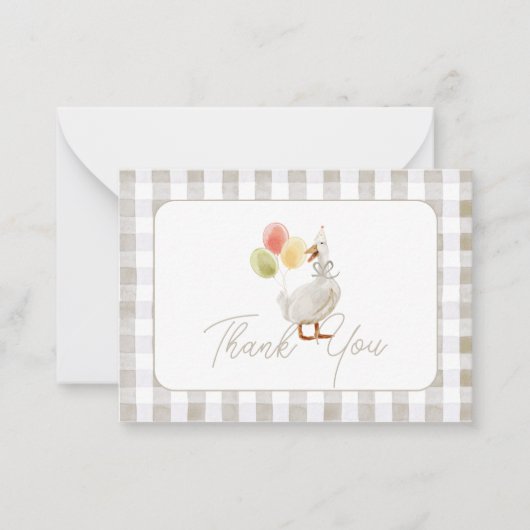 Albern Gänse Beige Gingham Baby Dusche Vielen Dank Mitteilungskarte (Vorderseite)