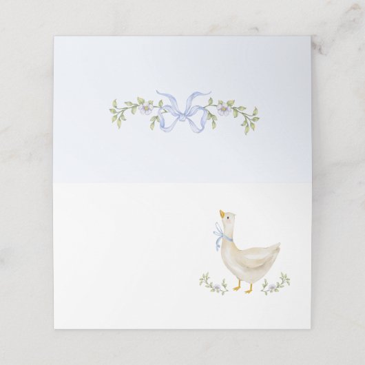 Albern Gänse Blue Bow Baby Dusche Platzkarte (Außenseite Aufgefaltet)