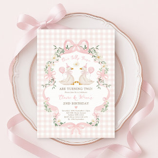 Albern Gänse Twins Pink Bow Gingham Girls Geburtst Einladung