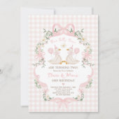 Albern Gänse Twins Pink Bow Gingham Girls Geburtst Einladung (Vorderseite)
