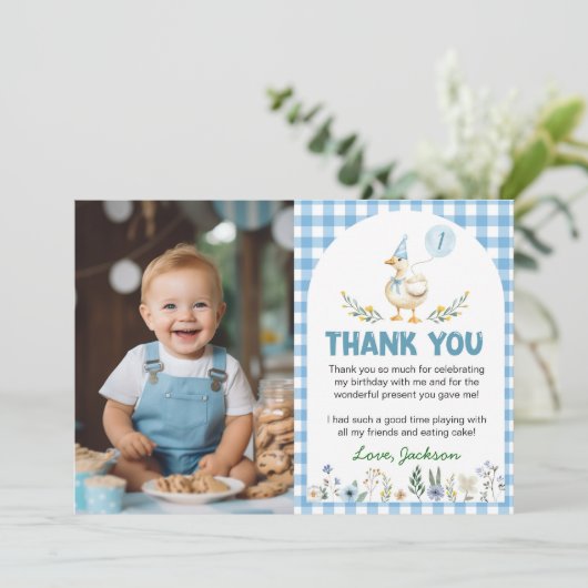 Albern Gänseblauer Ballon Geburtstag Foto Dankeskarte (Stehend Vorderseite)