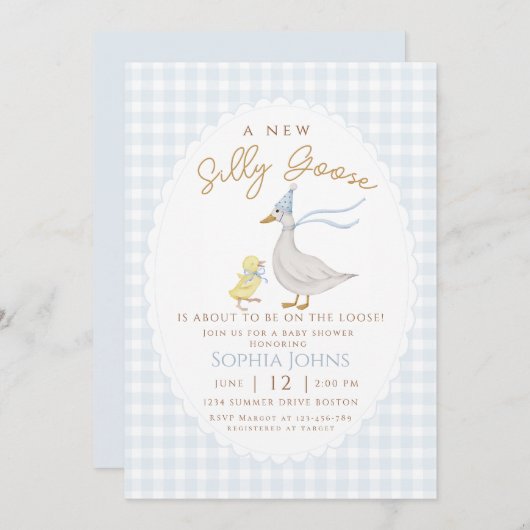 Albern Gänseblauer Gingham Bow Duck Boy Baby Dusch Einladung (Vorne/Hinten)