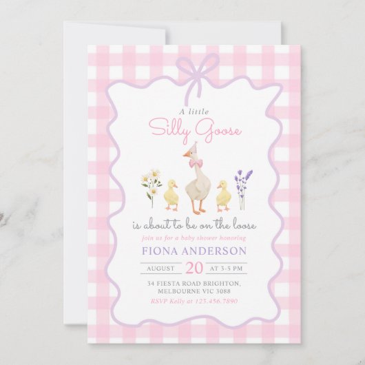 Albern Gänsepink Gingham Bow Duck Baby Duck Einladung (Vorderseite)