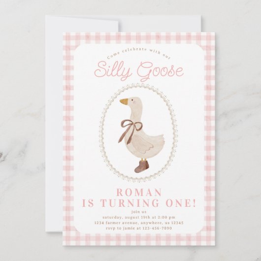 Albern Gänsepink Gingham und Bow Girl Birthday Einladung (Vorderseite)