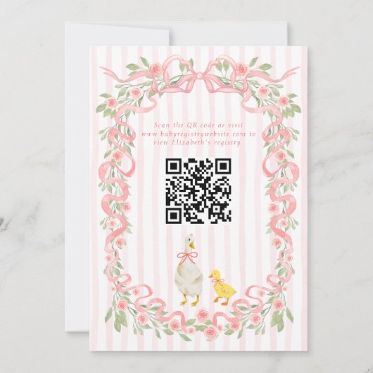 Albern Gänserosa Bow Floral QR Code Kinderdusche Einladung (Rückseite)