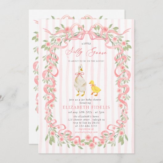 Albern Gänserosa Bow Floral QR Code Kinderdusche Einladung (Vorne/Hinten)