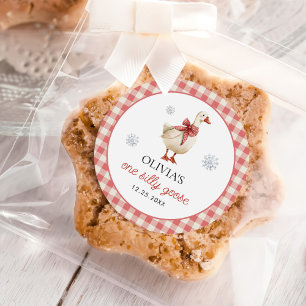 Albern Gänseweihnachtsgingham 1. Geburtstag Runder Aufkleber