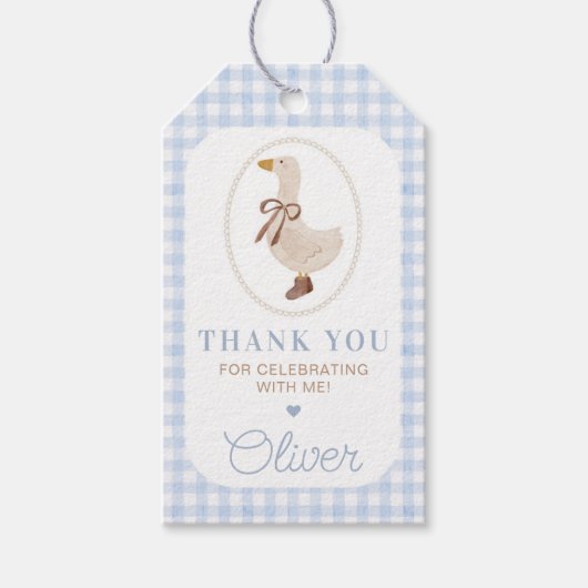 Albern Goose Blue Gingham Birthday Party Geschenkanhänger (Vorderseite)