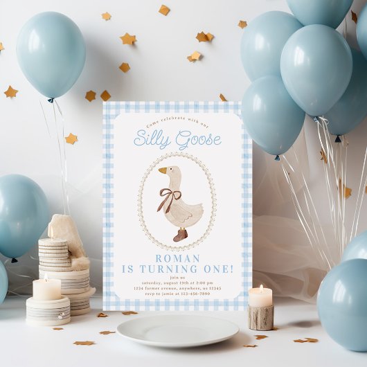 Albern Goose Blue Gingham Boy Birthday Einladung