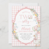 Albern Goose Girl 2. Geburtstag Pink Gingham Einladung (Vorderseite)