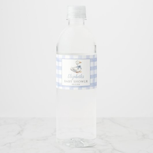 Albern Little Gose Blue Gingham Baby Dusche Wasserflaschenetikett (Vorderseite)