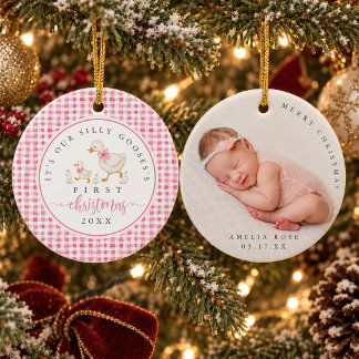Alberne Gans1 Gingham-Foto Baby-Weihnachten Keramik Ornament