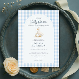 Alberne Gans Blau kariert Baby Shower Einladung