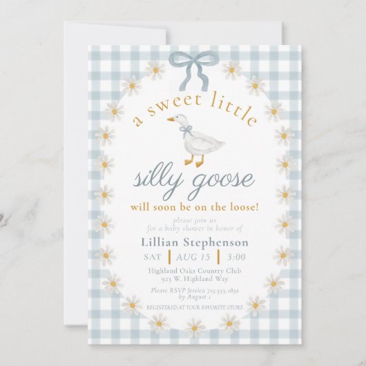 Alberne Gans Blaue Schleife Gingham Baby Shower Einladung (Vorderseite)