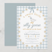 Alberne Gans Blaue Schleife Gingham Baby Shower Einladung (Vorne/Hinten)