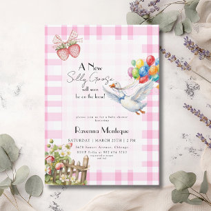 Alberne Gans Rosa Gingham Luftballons Babyparty Einladung