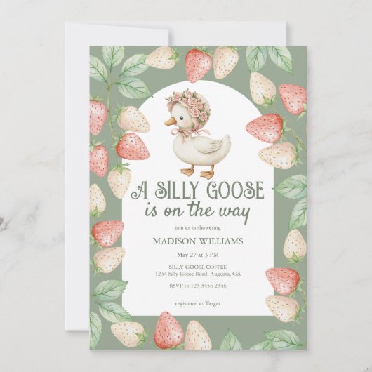 Alberne Gänse Erdbeeren Girl Baby Dusche Einladung (Vorderseite)