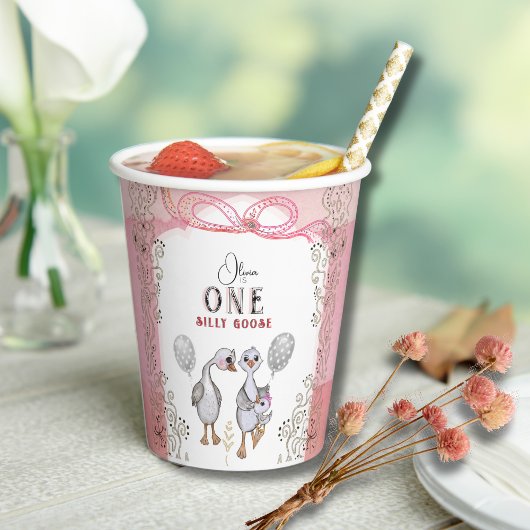 Alberne Gänse Familie Pink & Bow 1. Geburtstag Pappbecher