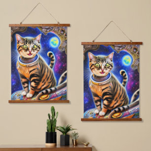 Alberne Katze im Weltraum Meme Artwork Wandteppich Mit Holzrahmen