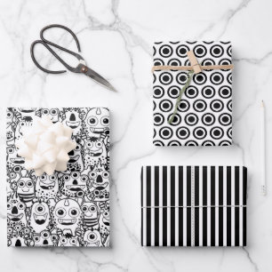Alberne Schwarz-weiße Monster Geschenkpapier Set