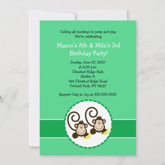 Alberner Affe Trendy 2 Kinder Einladung zum Geburt (Vorderseite)